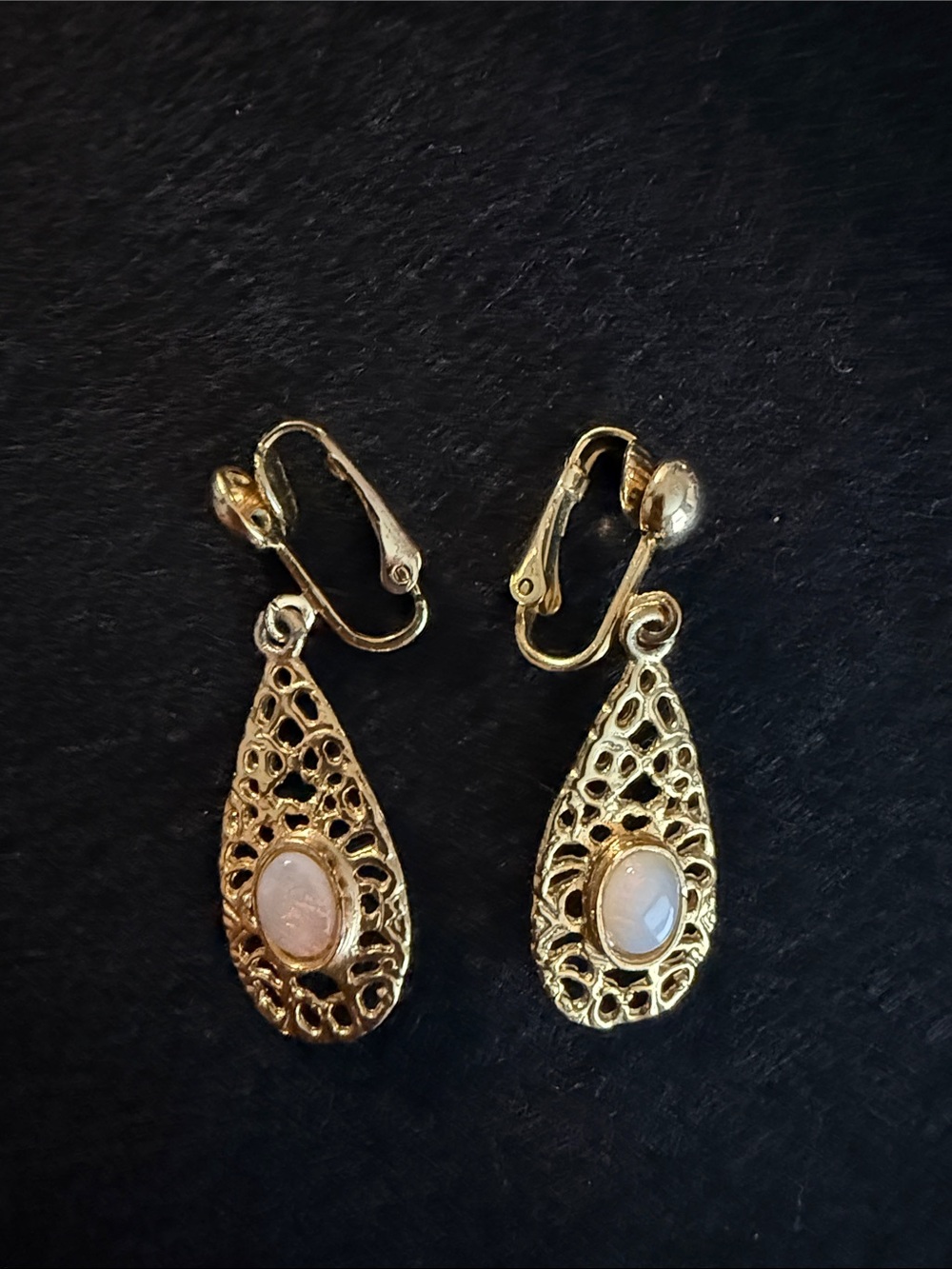 VintageGold Filigree Teardrop Clip-Ons with White Opal -Elizabeth Farrell